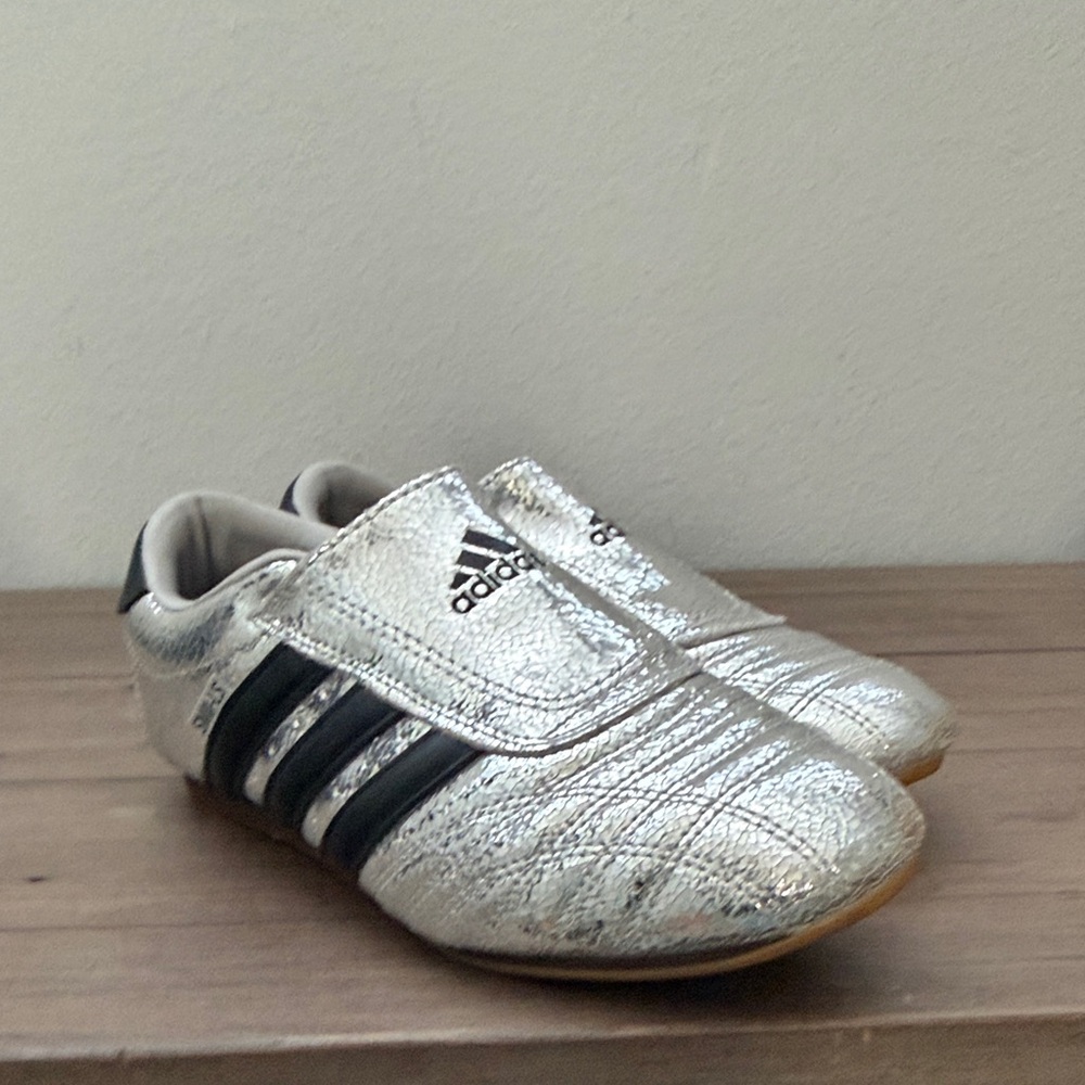adidas Kids Silver Metallic Velcro Sneakers with Black Stripes